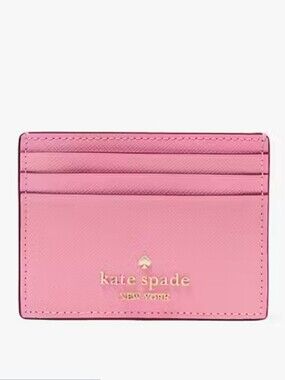 Kate Spade Madison Pink Leather Slim Card Holder with Gold Logo Blossom Pink